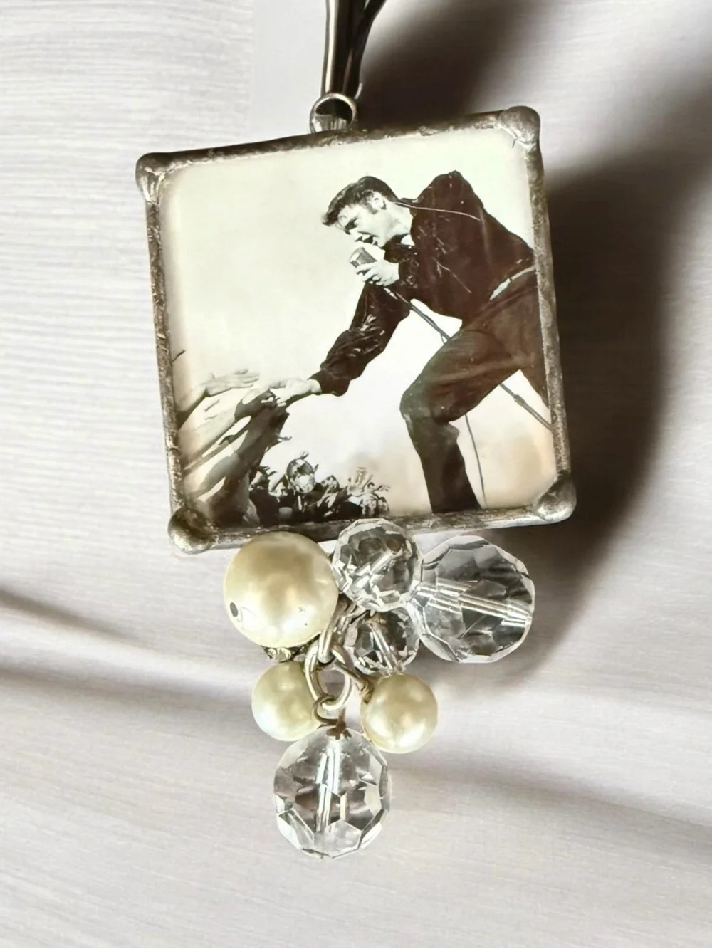 Silver-Tone Elvis Photo Bezel Necklace Pendant with Clear Crystal & Pearl Charms